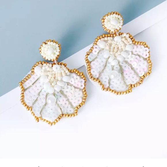 Elegant and Fun Gold and White Beaded Seashell Earrings - Picture 1 of 3